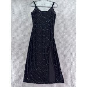 Shein Dress Womens L Black Rhinestone Sheer Slip Maxi Dress Front Slit Party